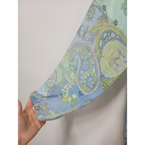 Susan Graver Womens Tunic Top Size Medium Blue Green Paisley Chiffon Blouse - Picture 4 of 9